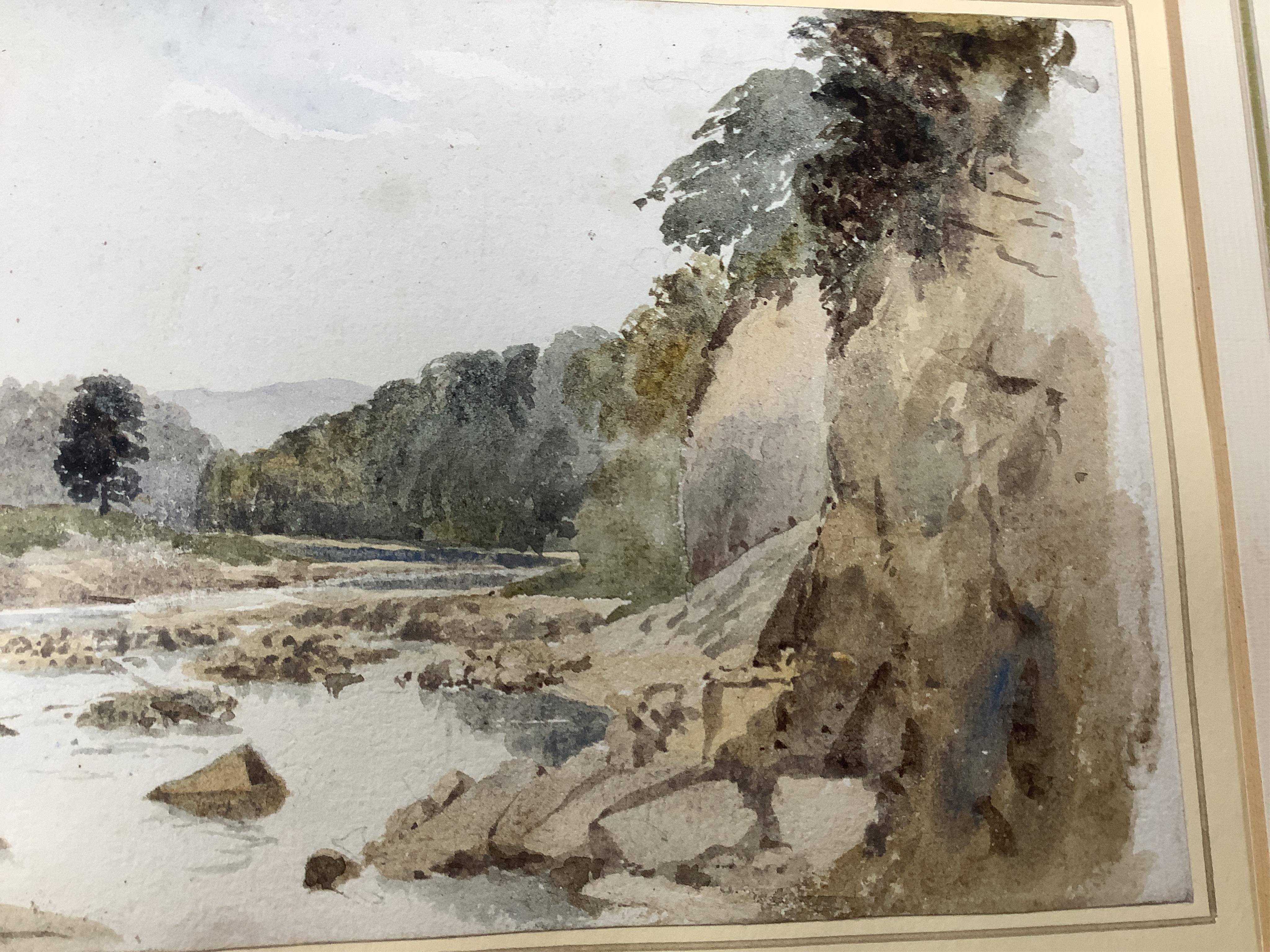 Attributed to David Cox (1783-1859), watercolour, Riverscape, mounted, unframed, 14 x 23cm